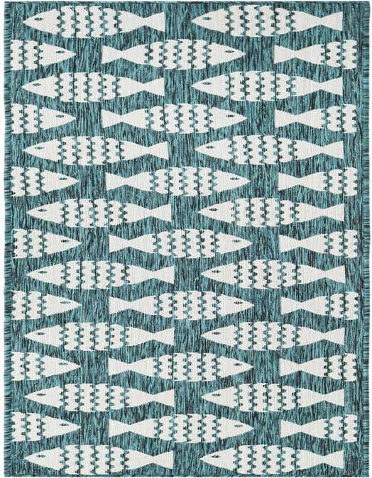 An 8 ft runner rug featuring a playful pattern of white fish against a textured blue background, perfect for a coastal-themed patio or hallway.