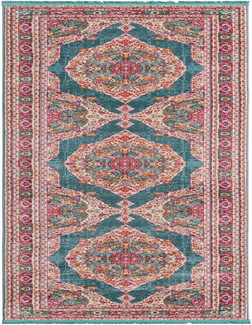 A 10 ft runner rug from the Santiago collection, featuring a vibrant blue background with traditional medallion and bohemian patterns in shades of pink, orange, and cream, perfect for a hallway.