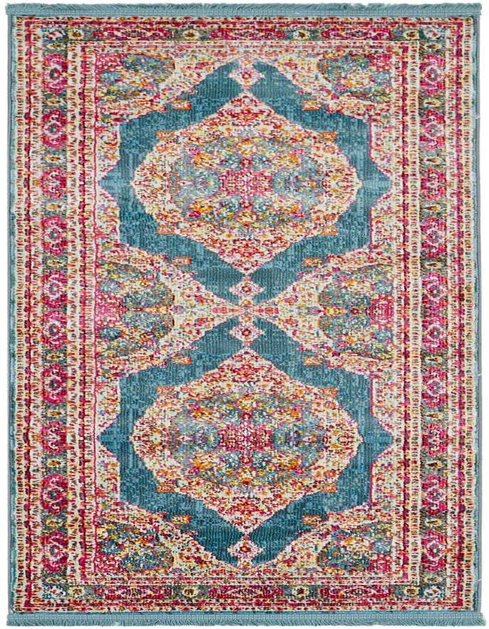 A 6 ft runner rug with a distressed blue background and a vibrant pink, red, and cream medallion pattern, suitable for a hallway or kitchen.