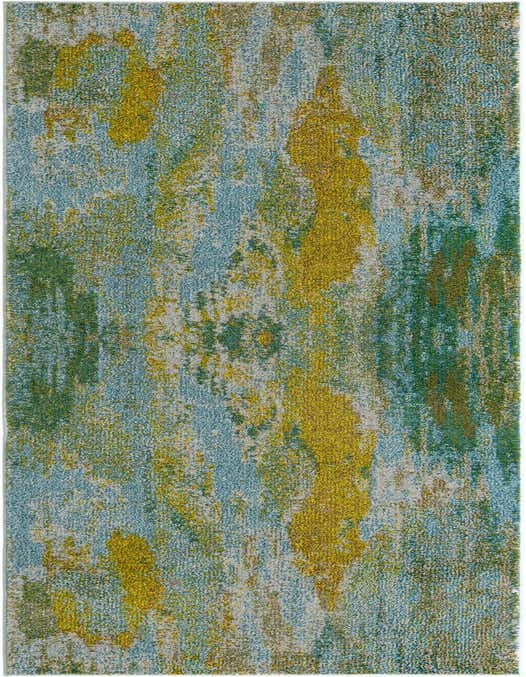 A 10 ft runner rug with a modern abstract pattern in shades of blue, green, and gold, suitable for a hallway.