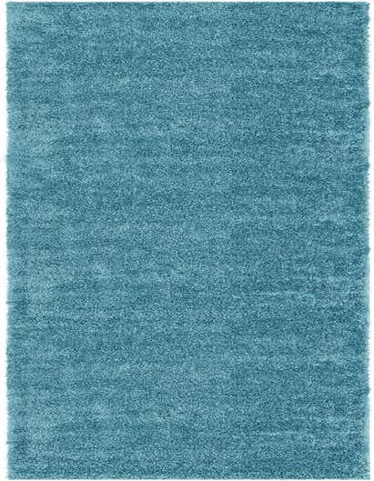 A long, rectangular 13 ft runner rug in a solid light blue color with a soft, shaggy texture.