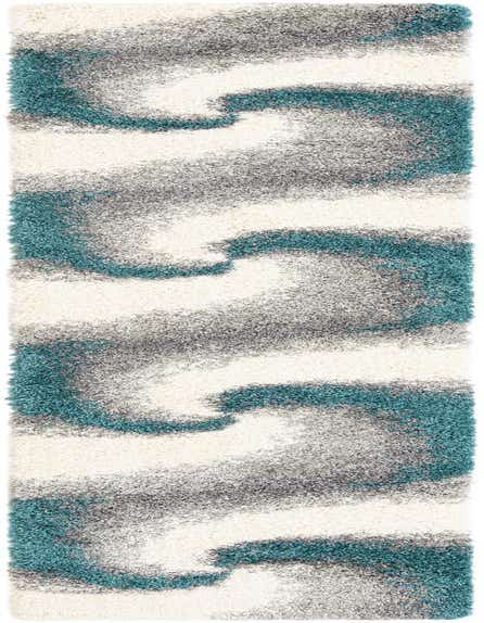 A 13 ft runner rug with a soft shag pile, featuring an abstract pattern of teal, grey, and white waves.