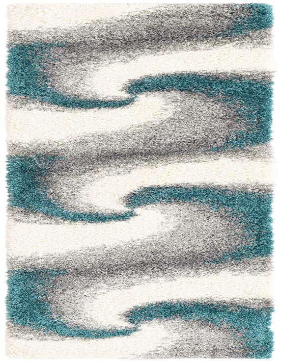 A 10 ft runner rug with a soft shag pile, featuring a modern abstract pattern of swirling blues, grays, and white.