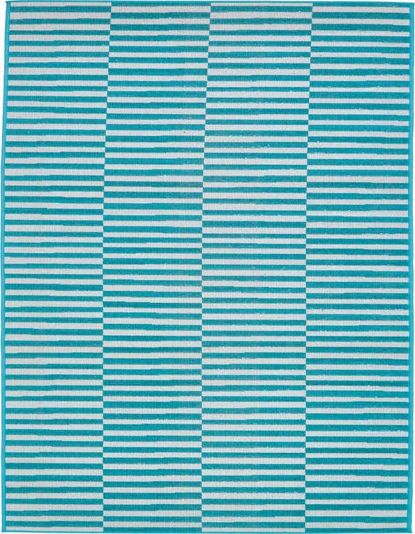 A 10 ft runner rug featuring a modern stripe pattern in alternating blocks of teal blue and white, ideal for a hallway.