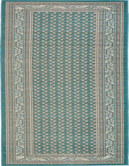 A 12 ft runner rug in shades of blue with a Southwestern and traditional pattern, featuring a central field of small, repeating paisley-like motifs and an ornate border.