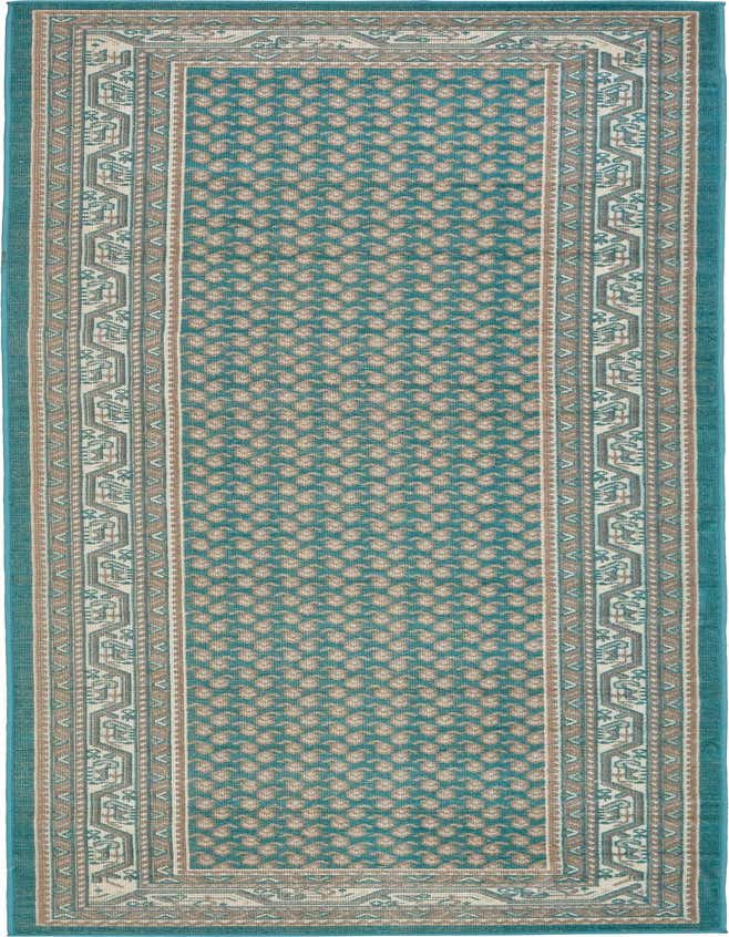 A 6 ft runner rug in teal blue with a repeating beige paisley pattern and a detailed Southwestern border.