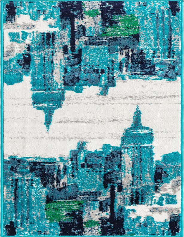 A 6 ft runner rug with an abstract, modern design featuring shades of blue, teal, navy, gray, and hints of green on a white background, ideal for a hallway or kitchen.