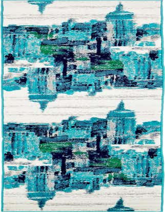 A 13 ft runner rug featuring an abstract, eclectic pattern in shades of blue, teal, green, and gray on a white background, ideal for a hallway.