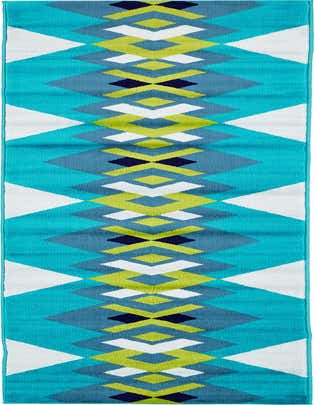 A long runner rug with a vibrant Southwestern geometric pattern in shades of blue, lime green, white, and navy.