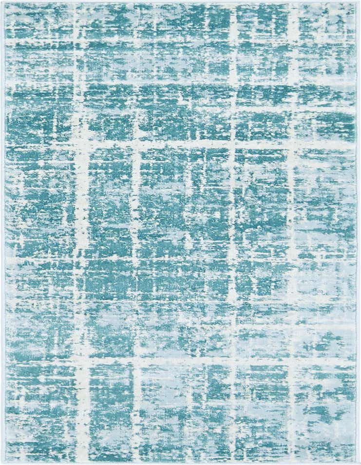 A 6 ft runner rug with an abstract distressed grid pattern in varying shades of blue and white, ideal for a hallway.
