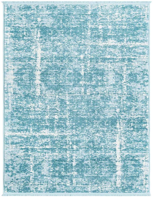 A long 8 ft runner rug in shades of blue with a distressed, vintage-modern stripe pattern, ideal for a hallway.