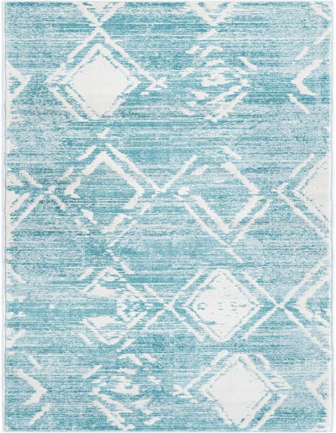 A blue and white modern runner rug with a distressed diamond pattern, ideal for a hallway.