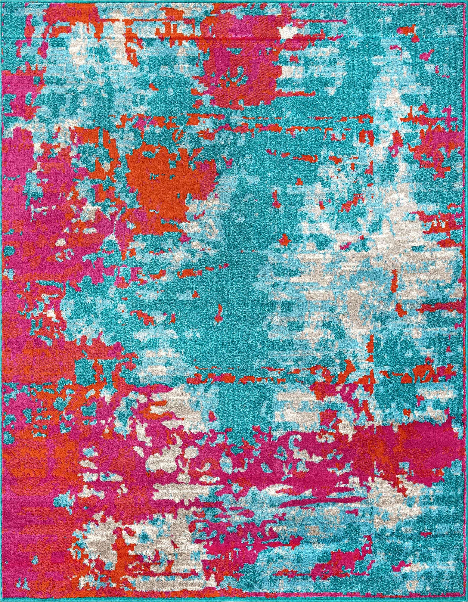 A vibrant 7' 10 x 7' 10 square modern abstract rug featuring bold splashes of blue, fuchsia, orange, and hints of light gray.