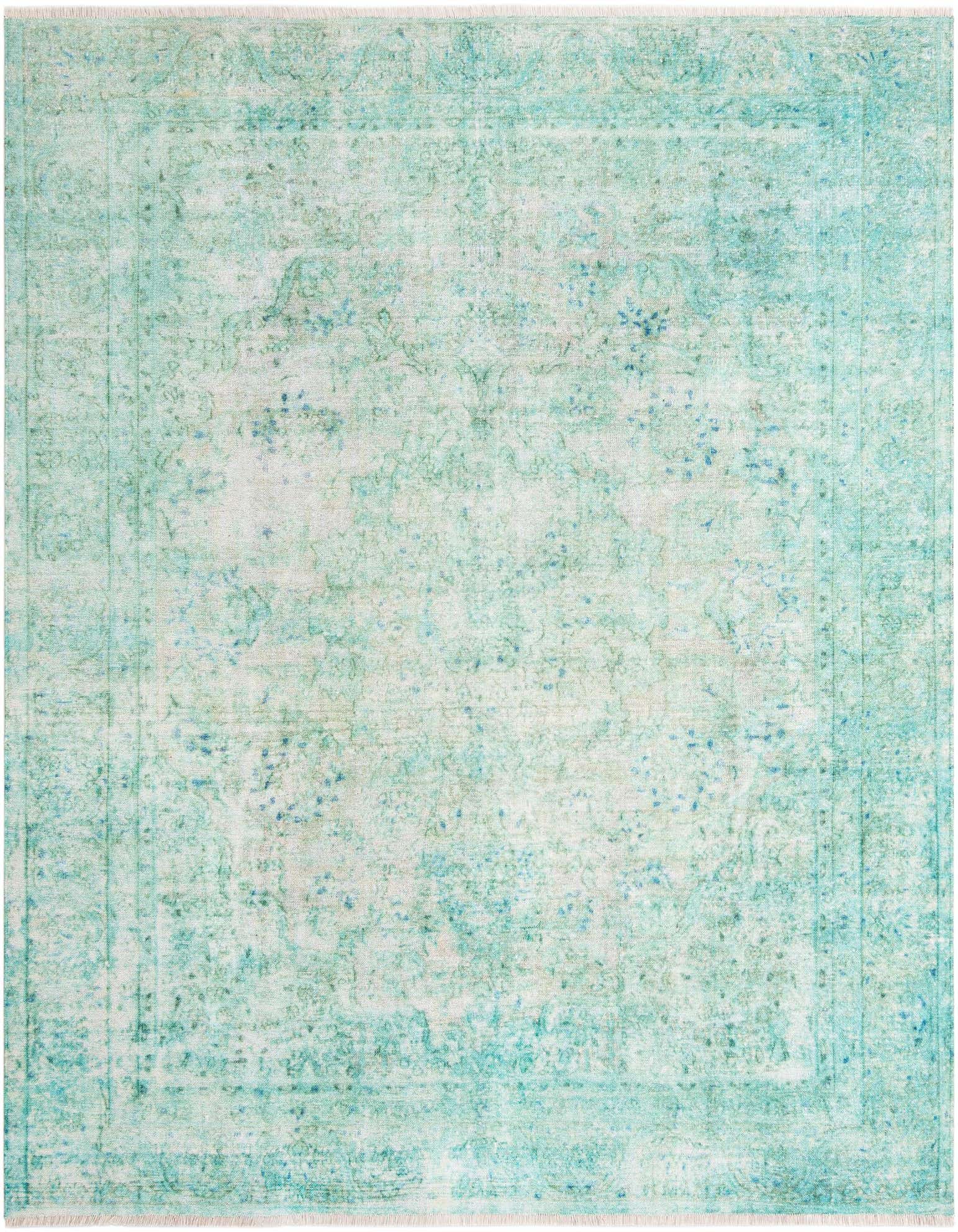 A square 7' 9 x 7' 9 Rugs.com Boutique rug featuring a faded blue traditional medallion pattern on a light background, with visible fringe.