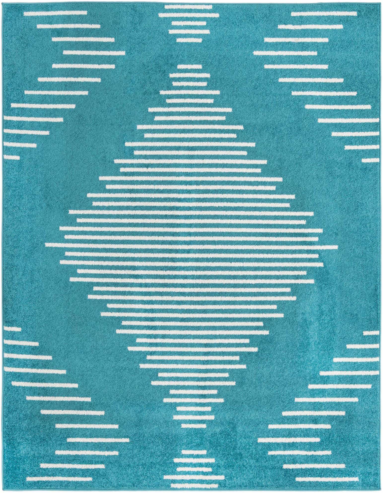 A 7x7 square blue rug with a modern white striped diamond pattern, perfect for a living room.