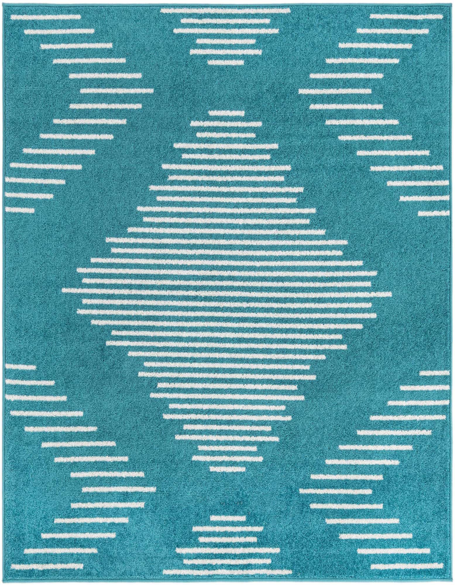 A square 5' 3 x 5' 3 blue rug with a modern white striped diamond pattern, suitable for an indoor living space.