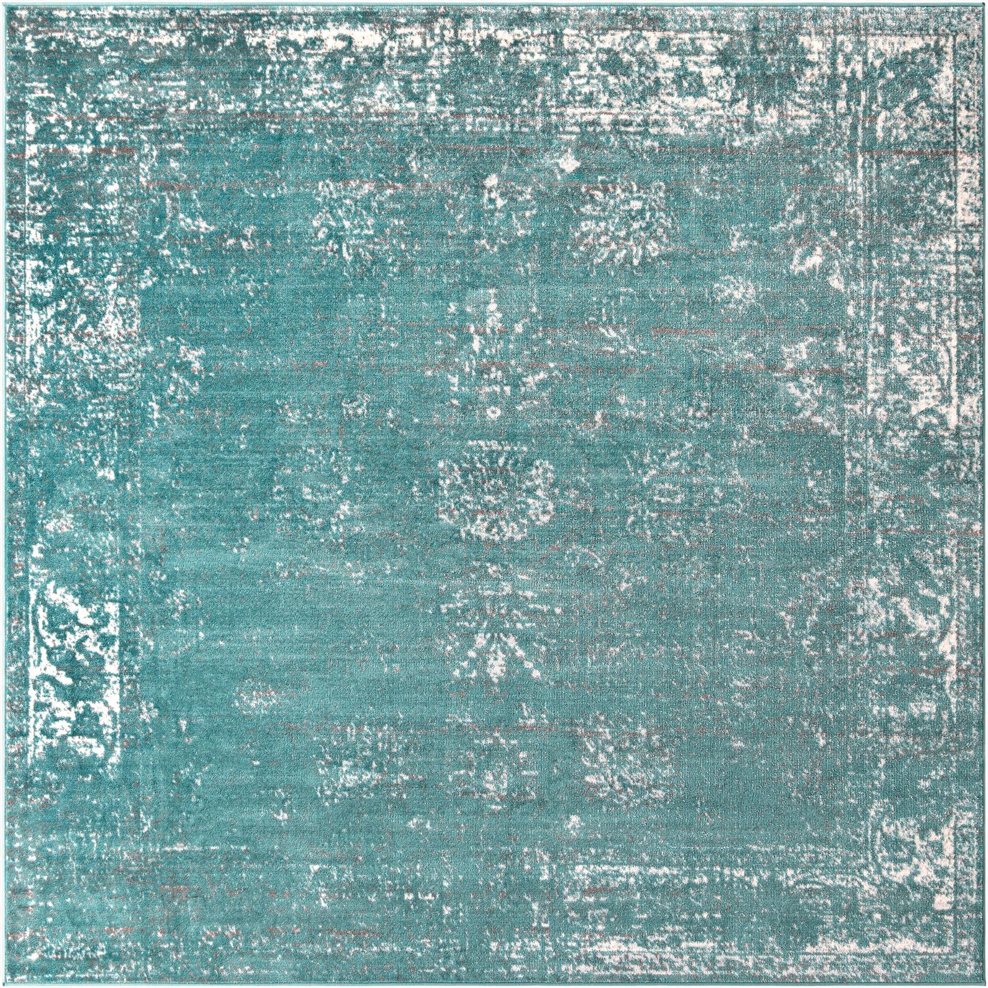 A 7' 10 x 7' 10 square blue area rug with a distressed traditional medallion pattern and white accents.