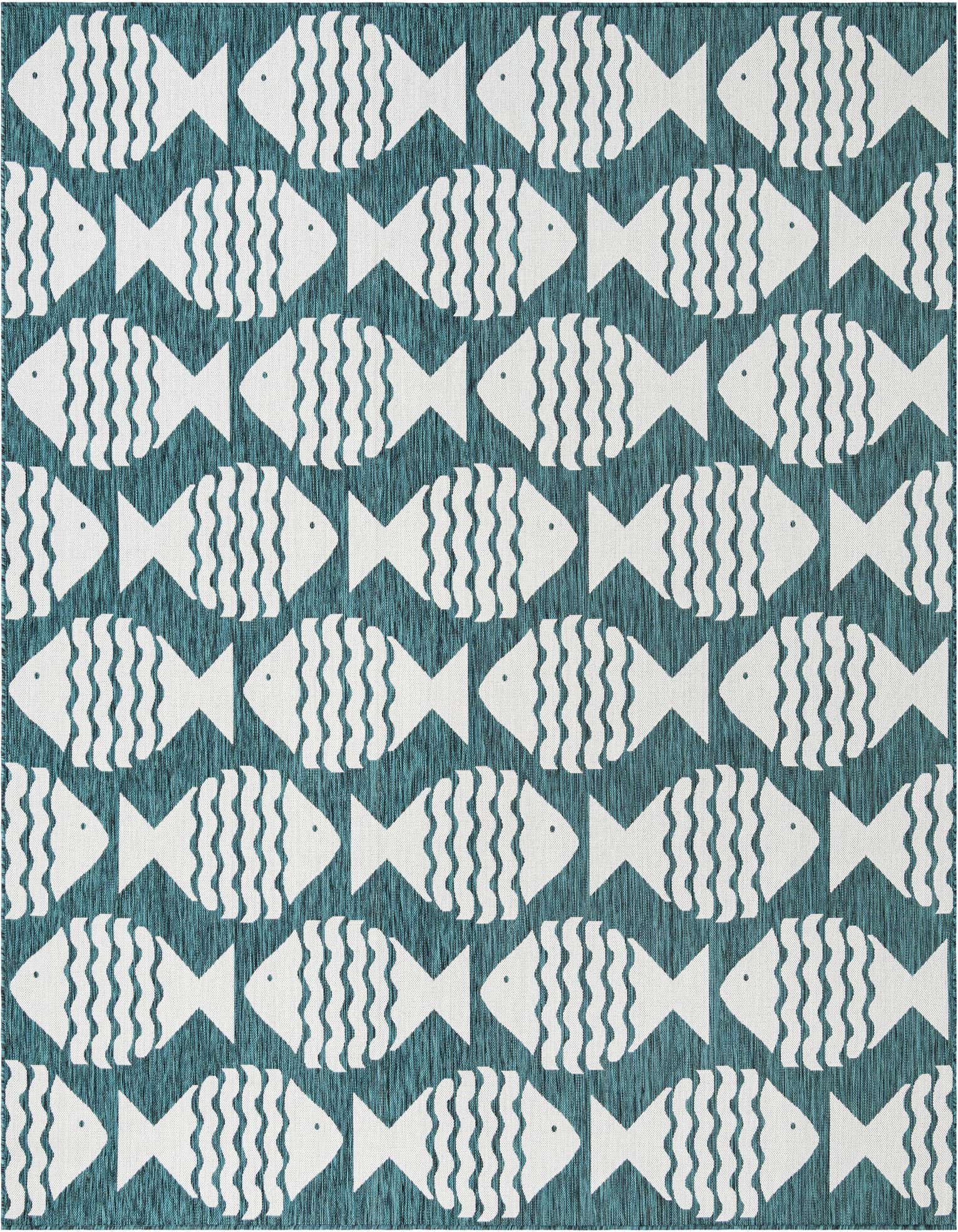 A square blue and white coastal rug featuring a repeating pattern of stylized white fish with wavy fins on a textured blue background.