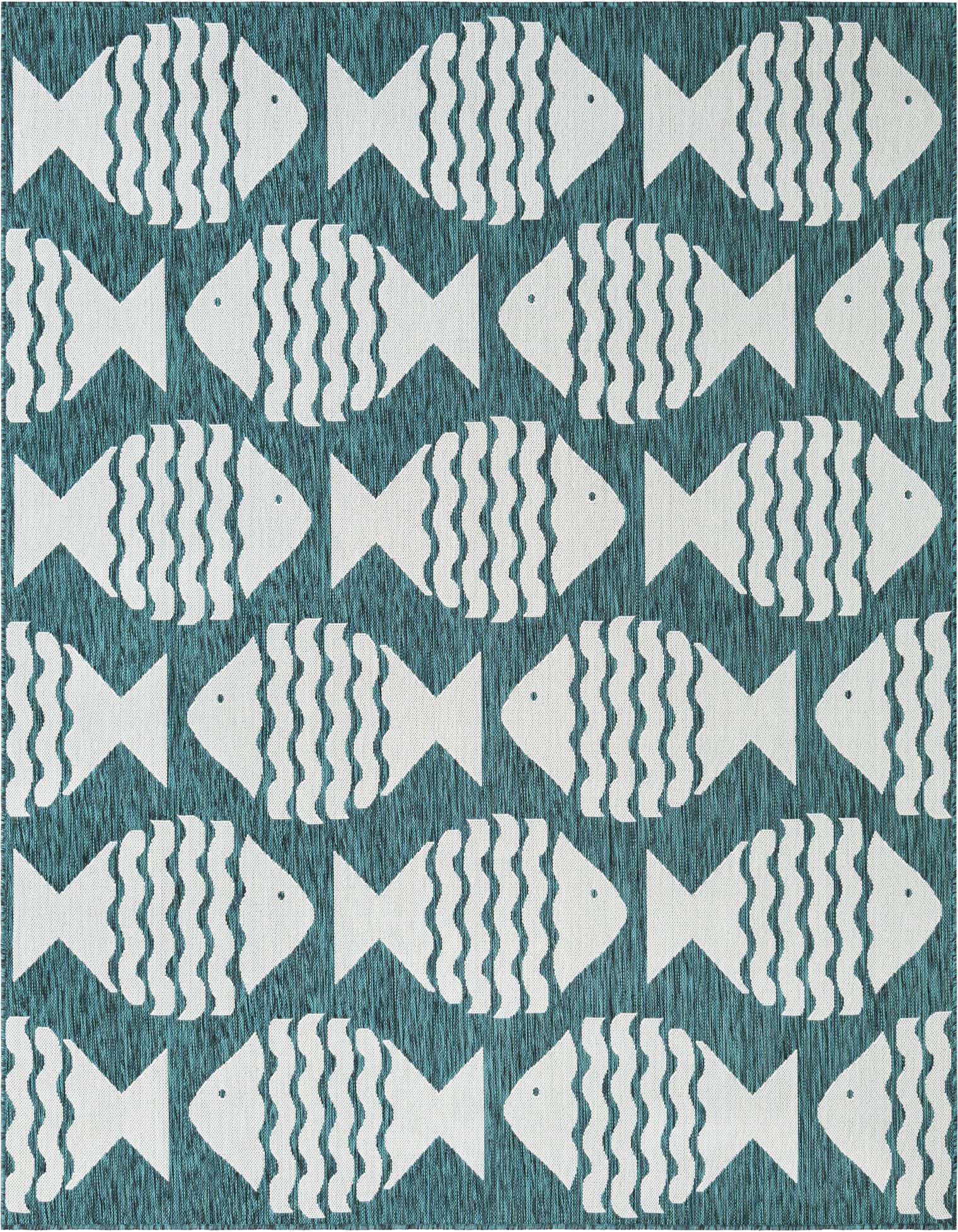 A square blue and white rug with a repeating pattern of stylized white fish on a textured blue background, suitable for a patio.