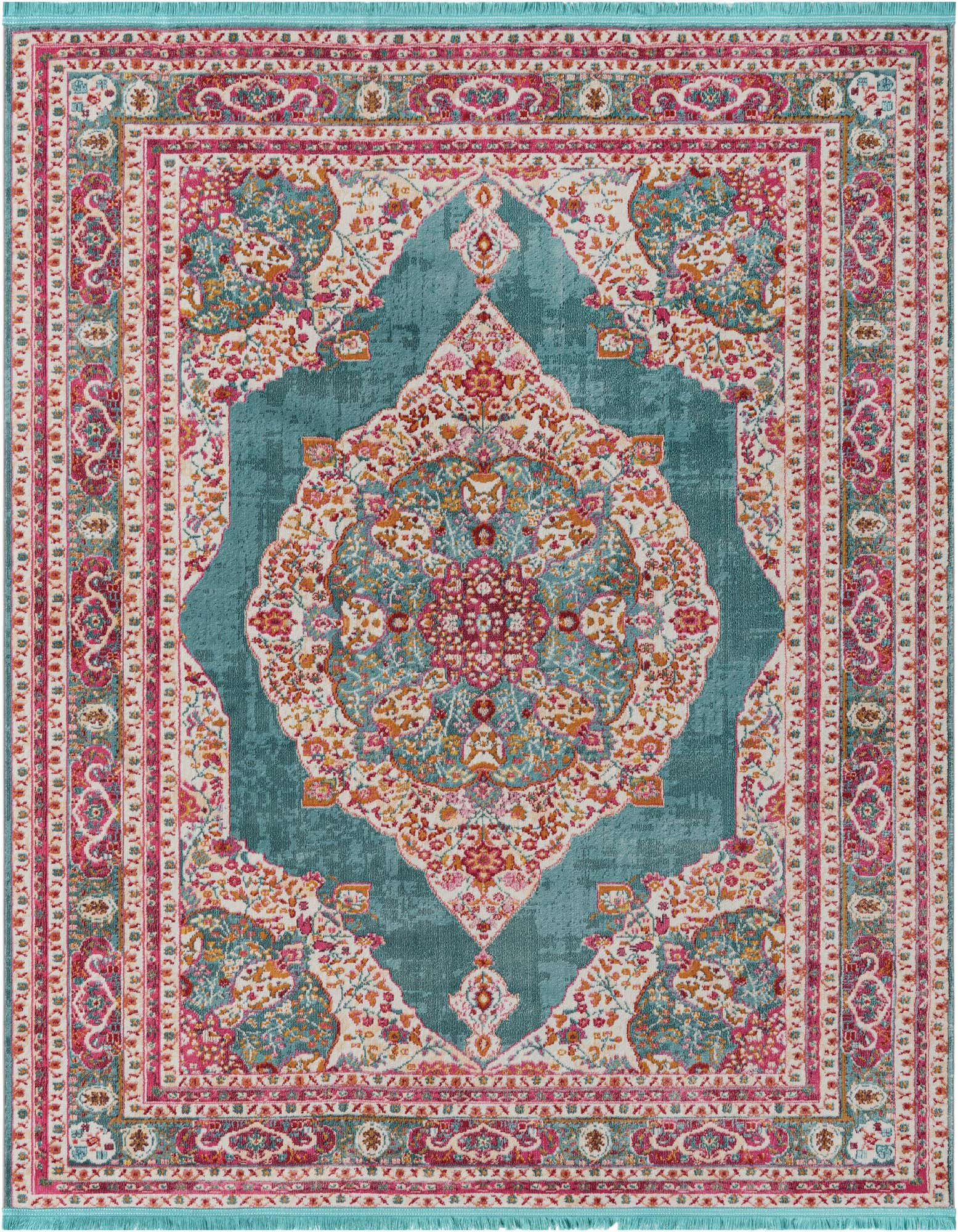 A vibrant 8'x8' square blue Bohemian medallion rug with intricate floral patterns in pink, orange, and white, suitable for an indoor living space.