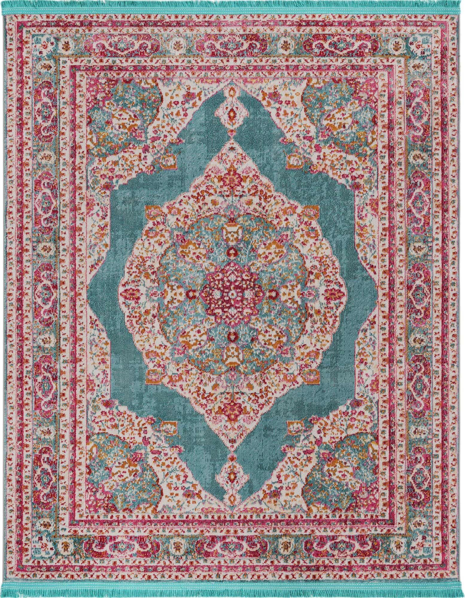 A vibrant 5'x5' square Santiago area rug featuring a central medallion in shades of blue, pink, orange, and white, with a distressed bohemian and traditional pattern.