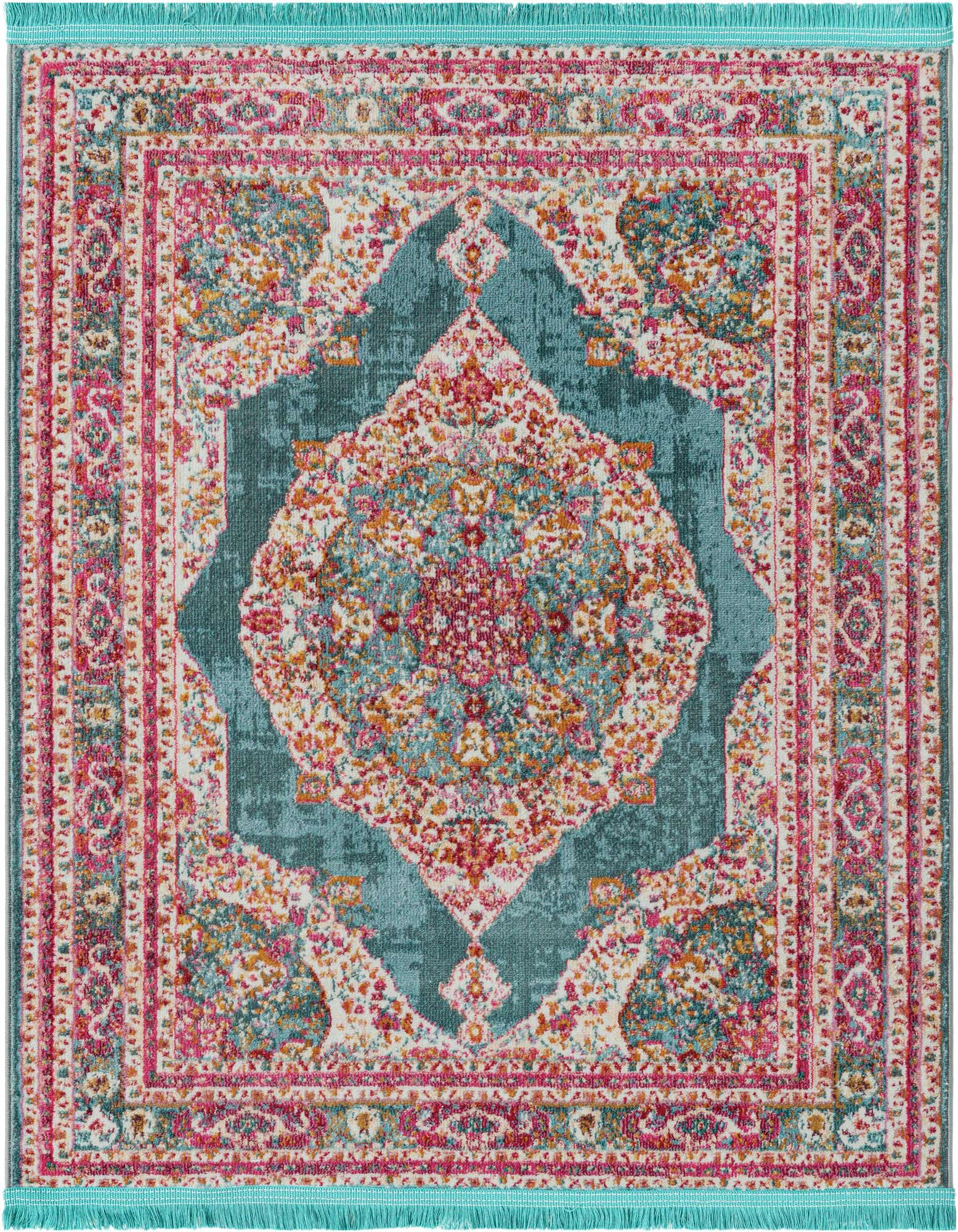 A vibrant 4x4 square area rug featuring a central medallion in shades of teal, fuchsia, and orange, with a distressed bohemian-traditional pattern and turquoise fringe.