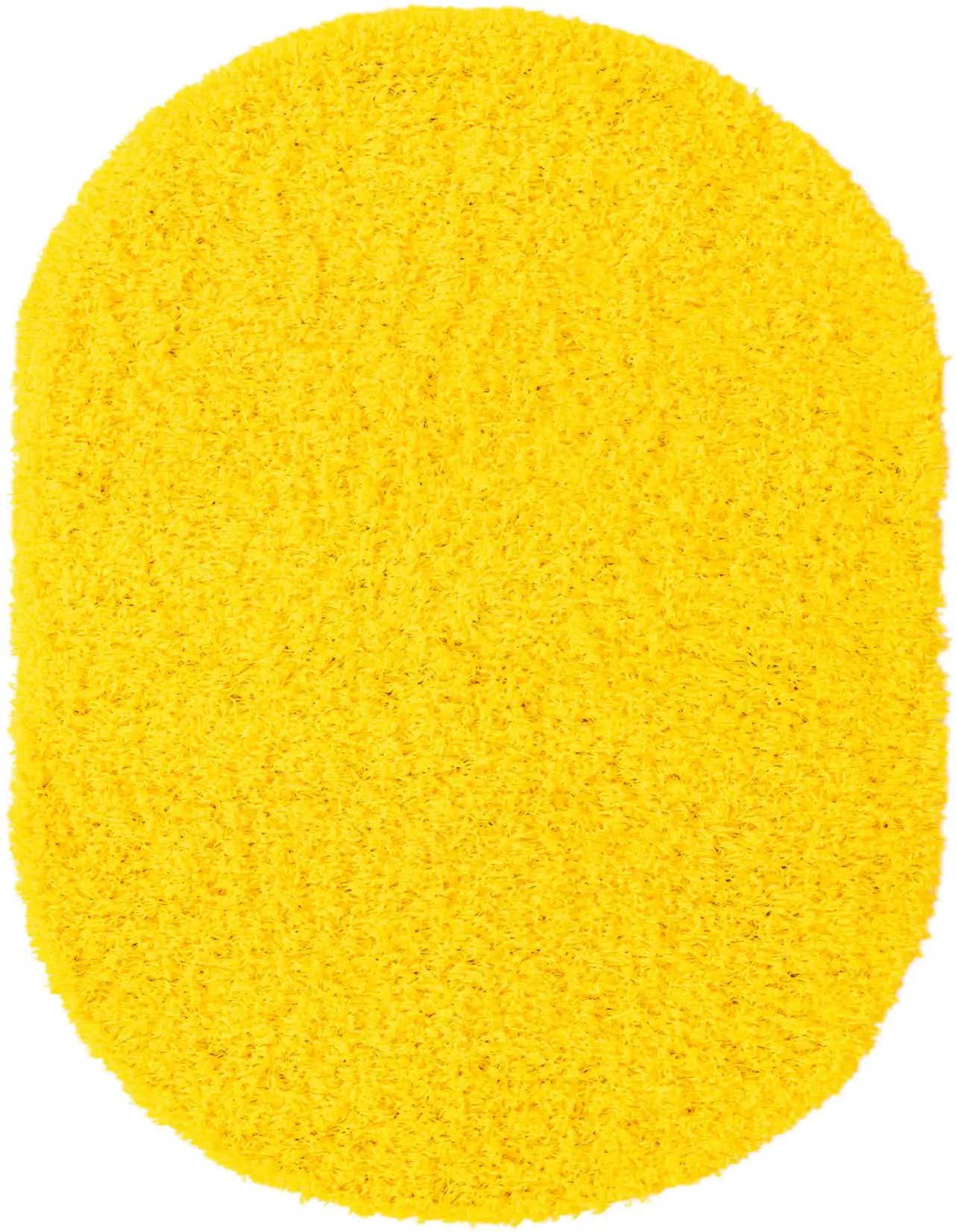 A vibrant 3' 0 x 5' 3 oval yellow shag rug, showcasing its plush, textured pile.