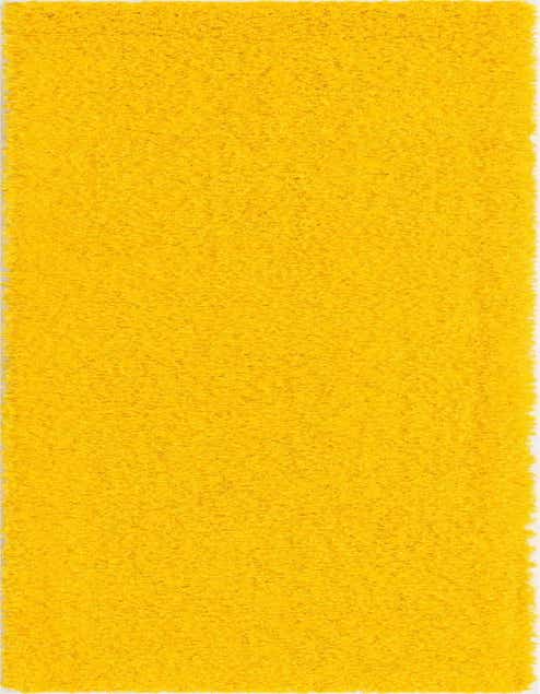 A vibrant 10 ft yellow shag runner rug with a textured pile, perfect for brightening a hallway.