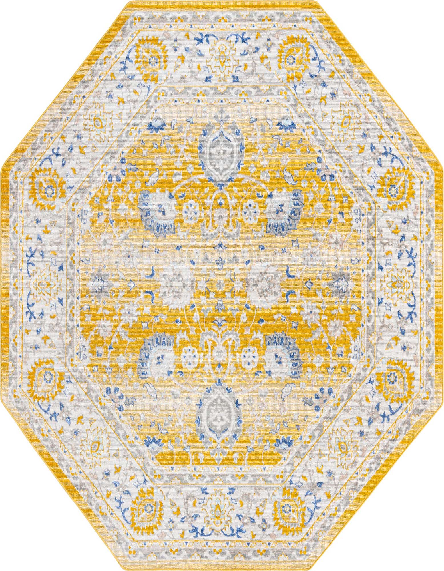 A 7' 0 x 7' 0 octagon rug with a traditional botanical pattern in shades of yellow, gold, blue, and grey.