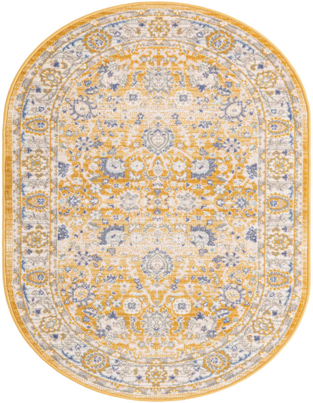 An oval 3' x 5'3" Whitney Collection rug featuring a traditional botanical pattern in yellow, gold, blue, and grey tones.