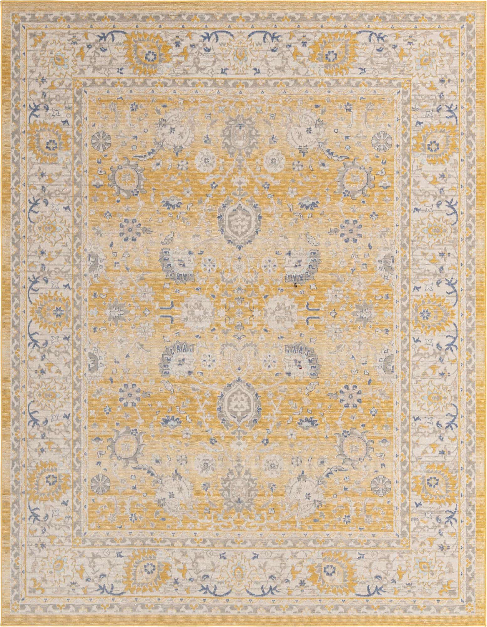 A 10x14 rectangular Whitney collection rug featuring a traditional botanical pattern in yellow, gold, and light gray tones.