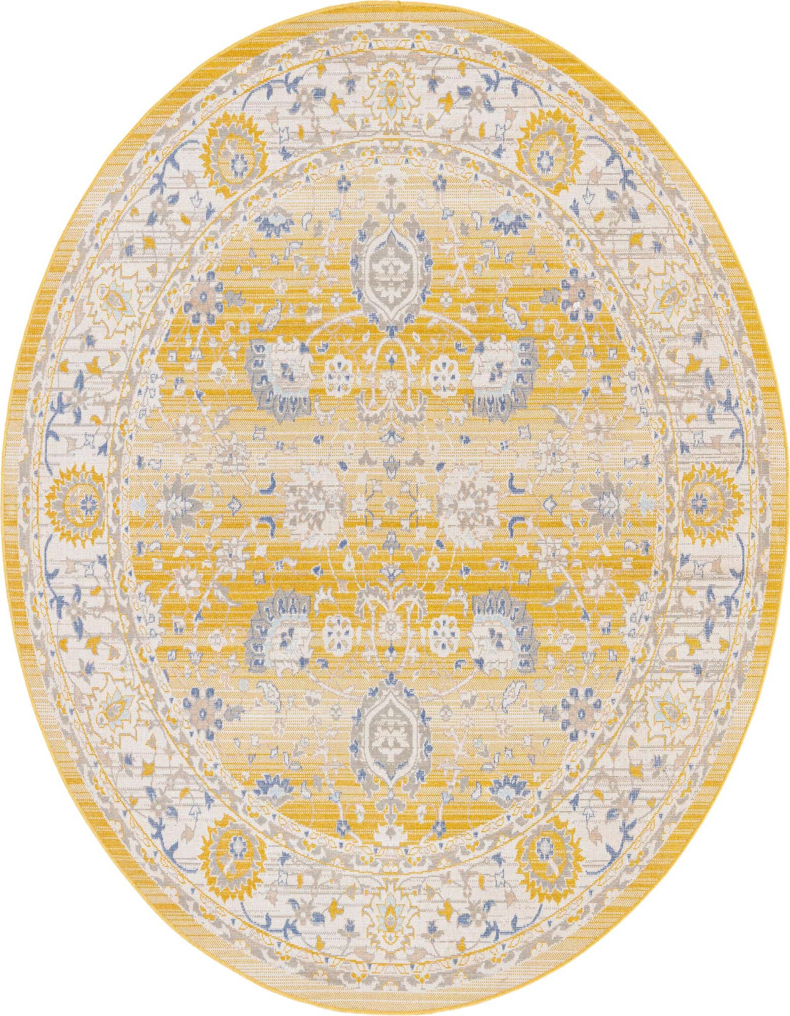 A 7' round yellow and gold traditional flatweave rug with intricate botanical and floral patterns in white, grey, and blue.