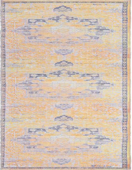 A 12 ft yellow and gold runner rug with a distressed traditional medallion pattern, ideal for a hallway.