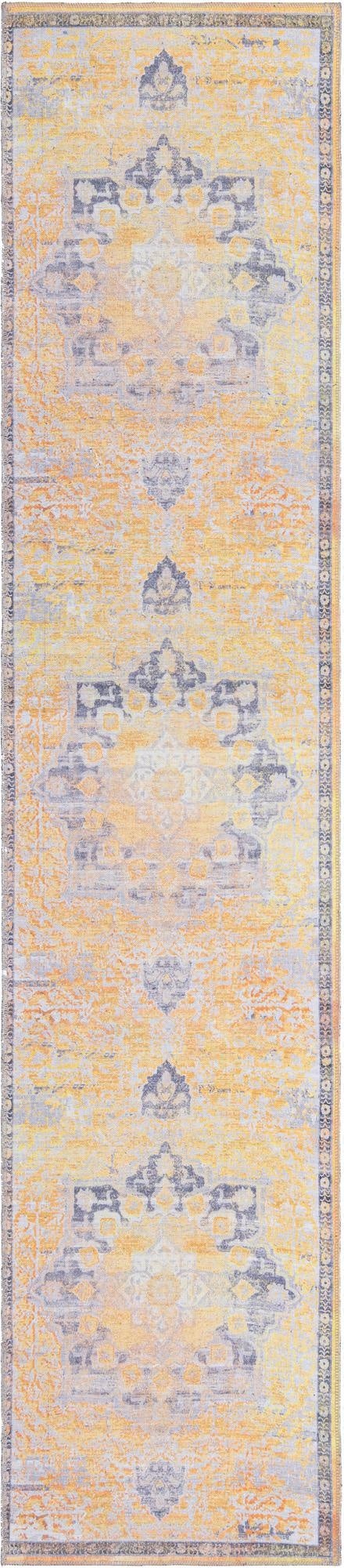 A 12 ft yellow and gold runner rug with a distressed traditional medallion pattern, ideal for a hallway.