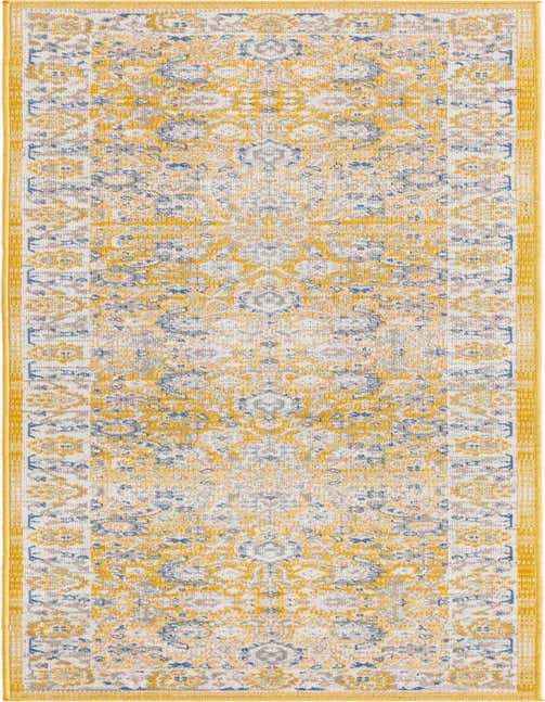 A long 8 ft runner rug from the Rugs.com Whitney collection, featuring a distressed traditional botanical pattern in yellow, gold, and blue tones with a flatweave texture.