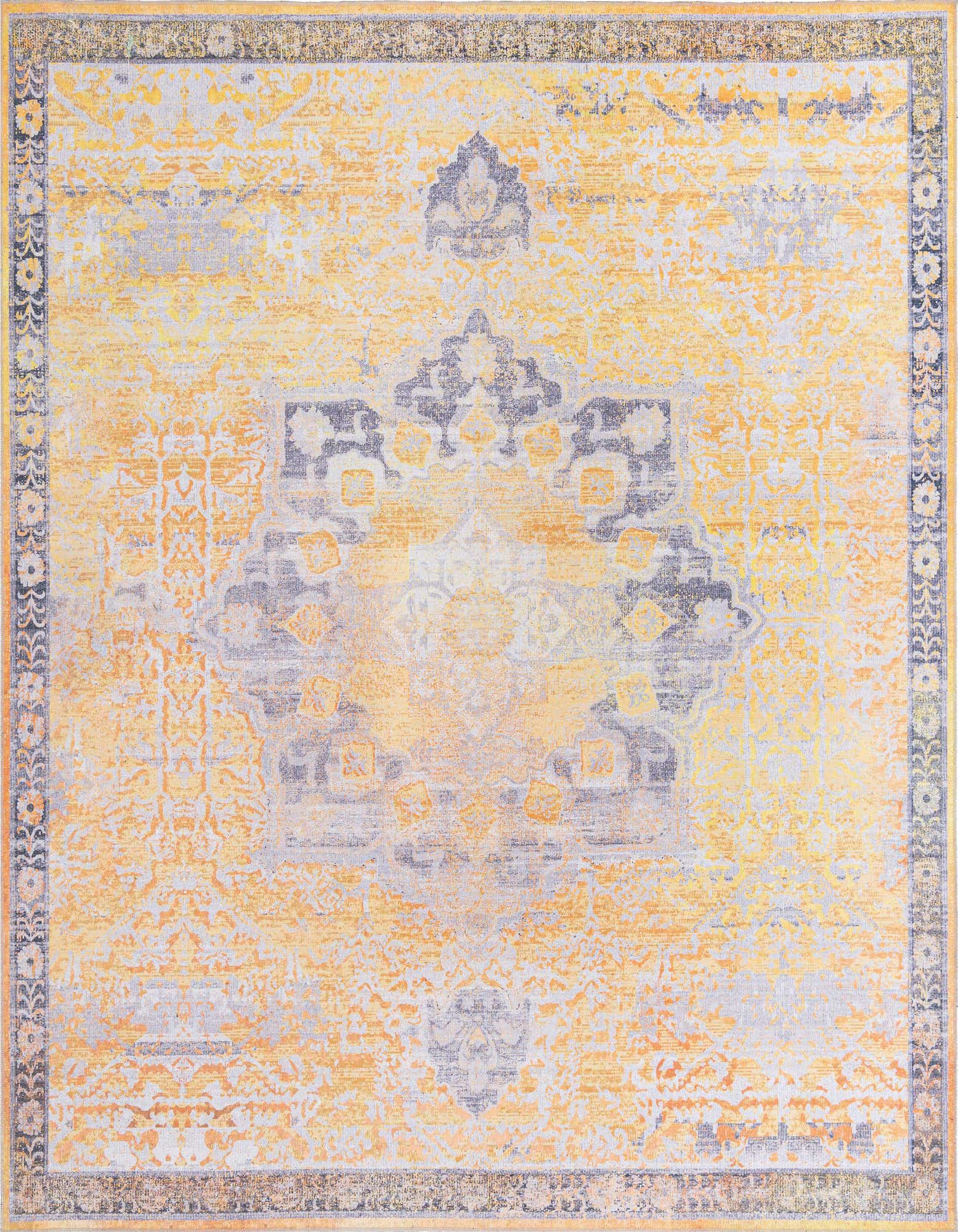 A 10' 6 x 10' 6 square yellow and gray traditional medallion rug with a vintage distressed look.