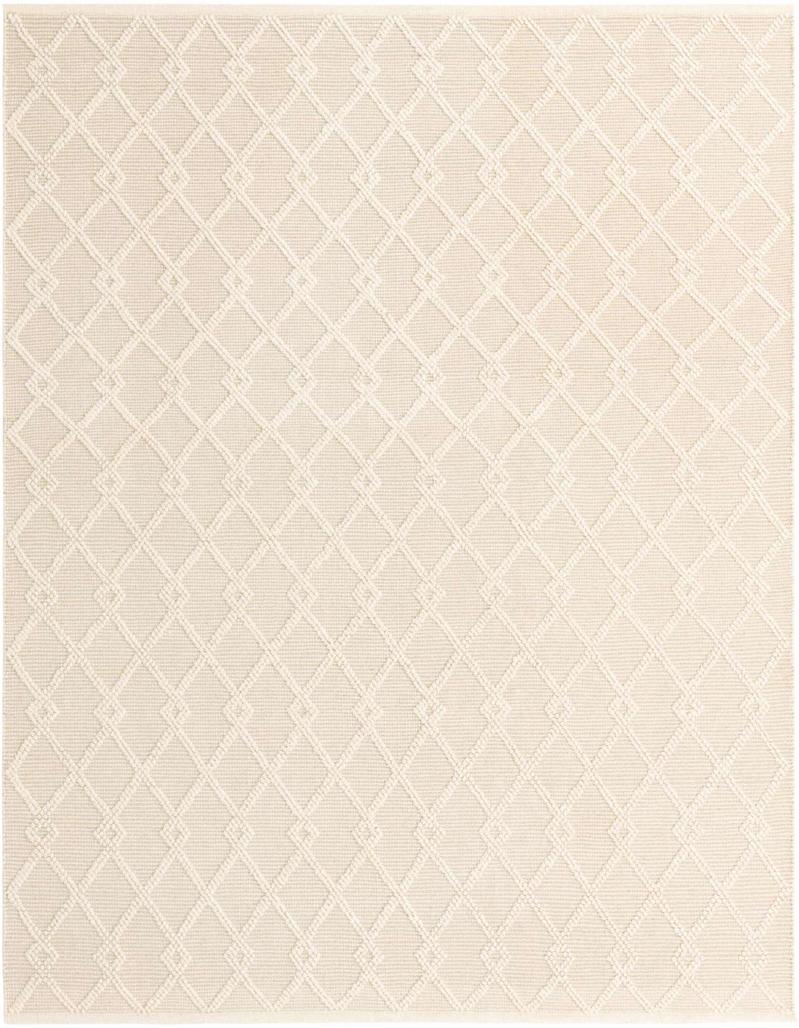 A 10'x10' square Jill Zarin Dorset rug in ivory with a subtle textured geometric diamond pattern, suitable for indoor spaces.