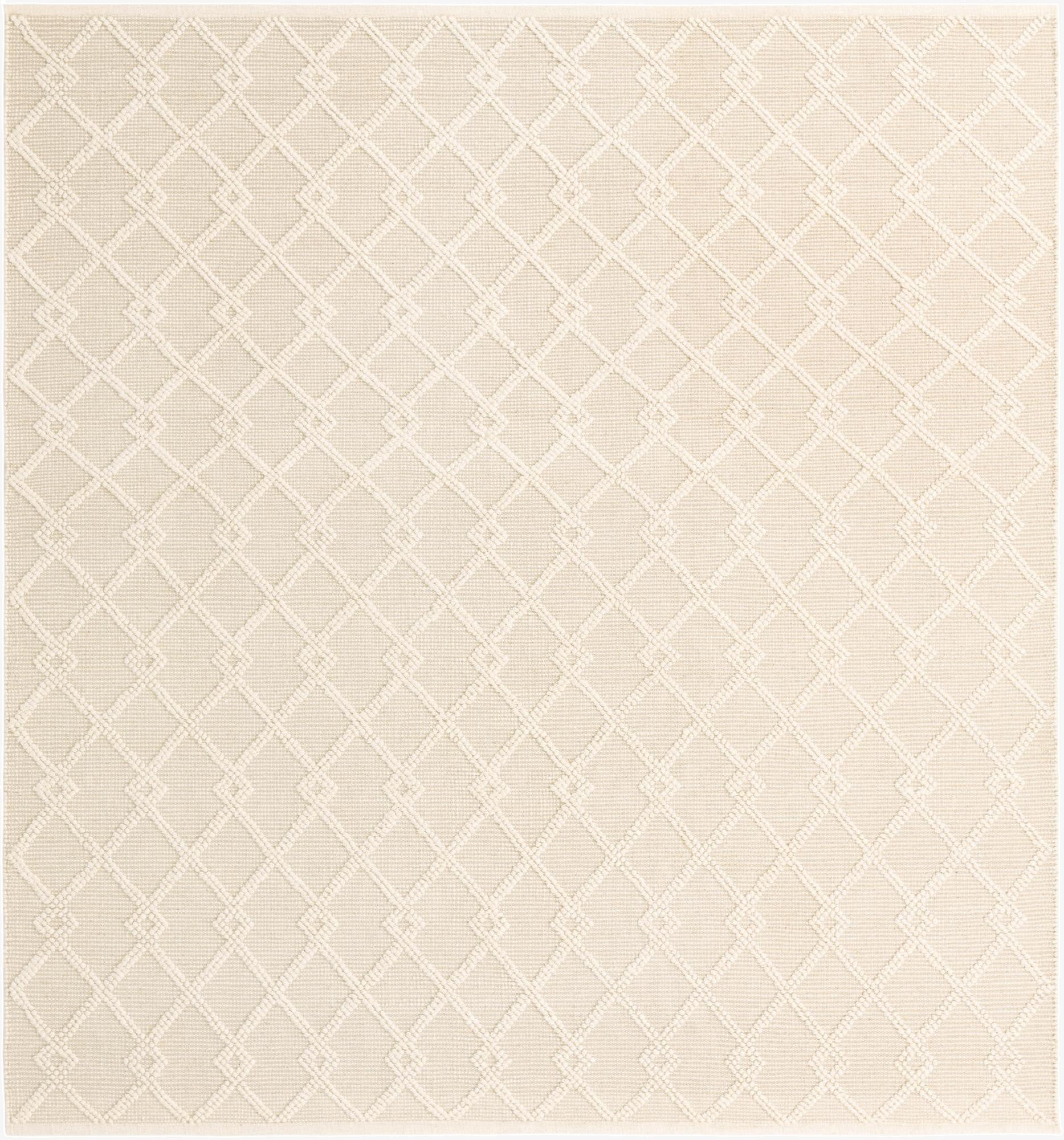 A 10'x10' square Jill Zarin Dorset rug in ivory with a subtle textured geometric diamond pattern, suitable for indoor spaces.