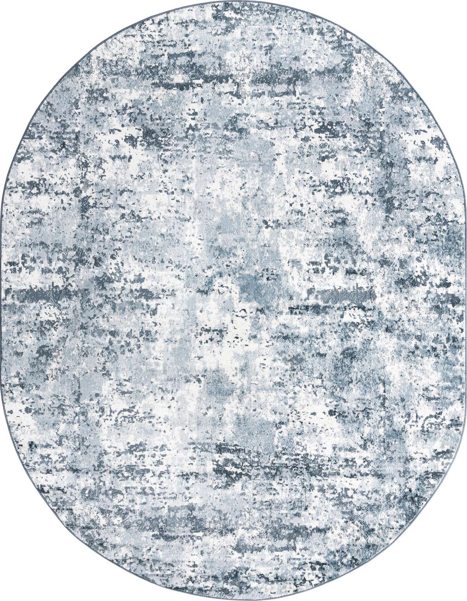 An 8' x 10' oval blue and white Aurora Collection rug with a distressed, abstract pattern, suitable for modern indoor spaces.
