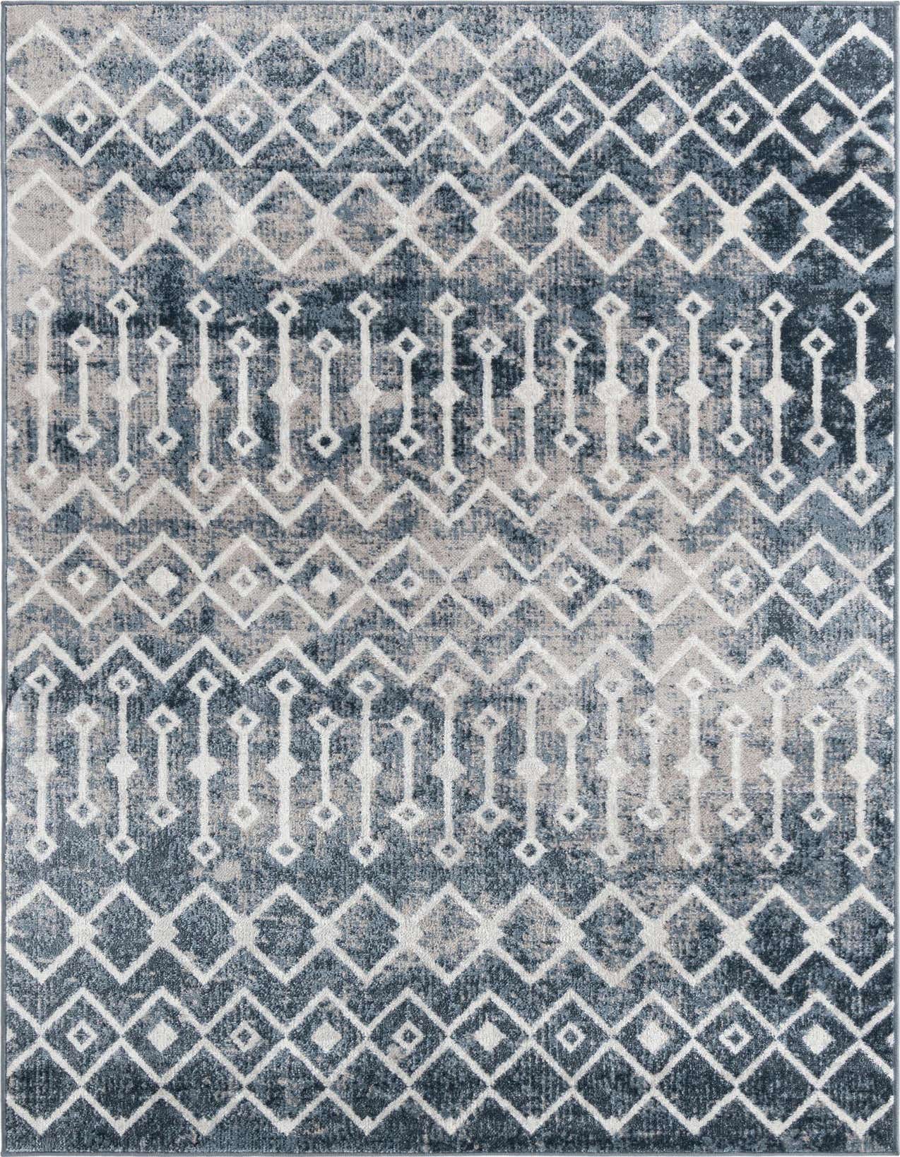 A rectangular 1' 4 x 1' 4 sample rug with a distressed blue and gray bohemian trellis pattern.