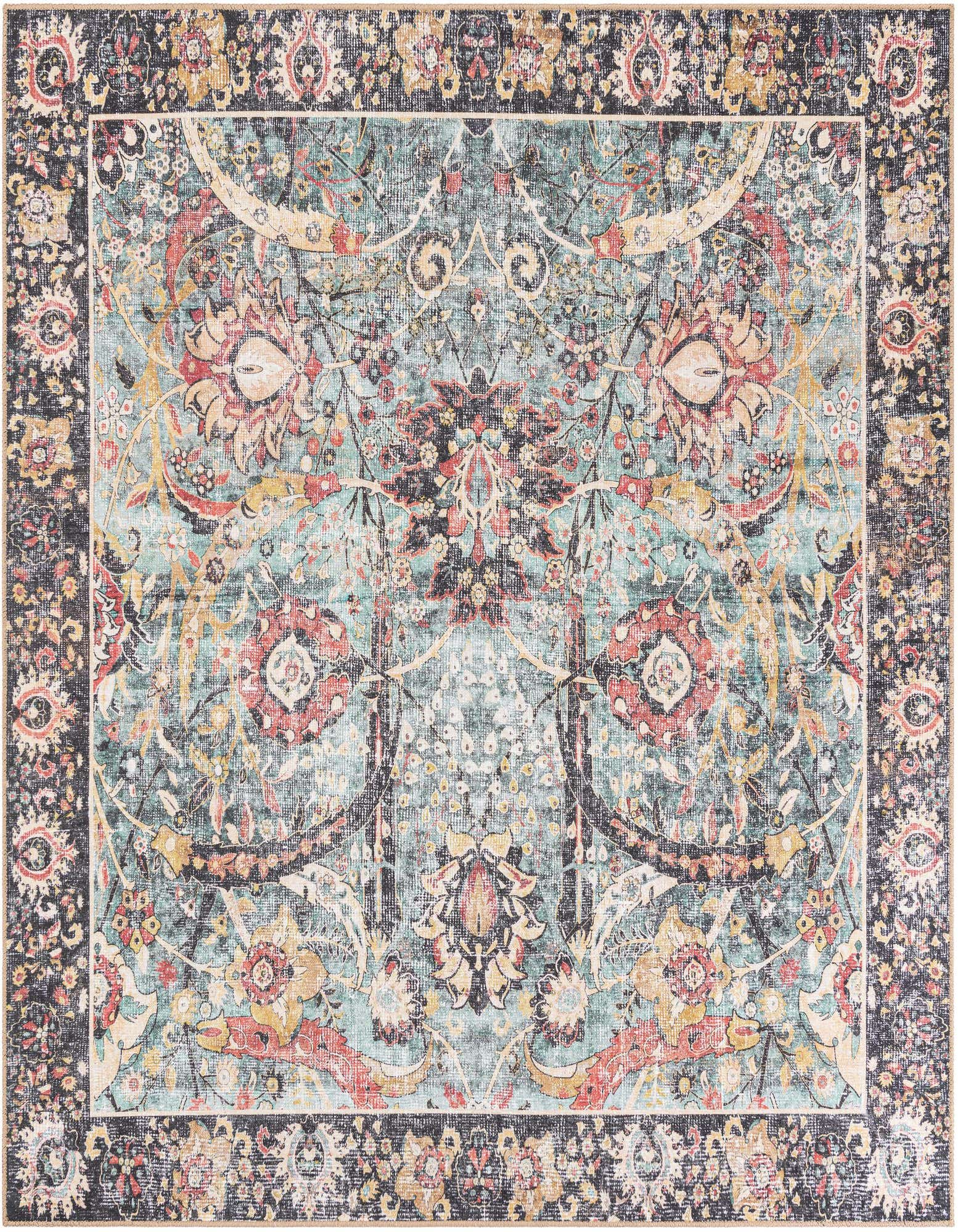 A 7' 10 x 7' 10 square Vintage Green Traditional rug with an ornate floral pattern and a dark border.