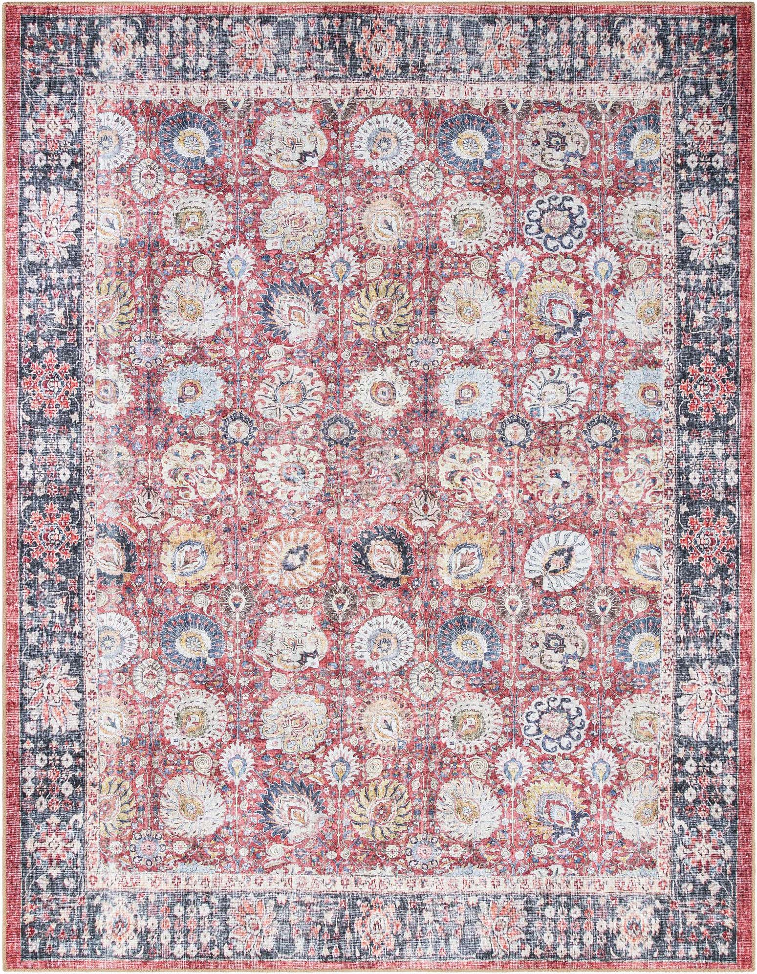 An 8x10 rectangular Rugs.com Timeless vintage red traditional rug with a distressed floral medallion pattern and a dark border.
