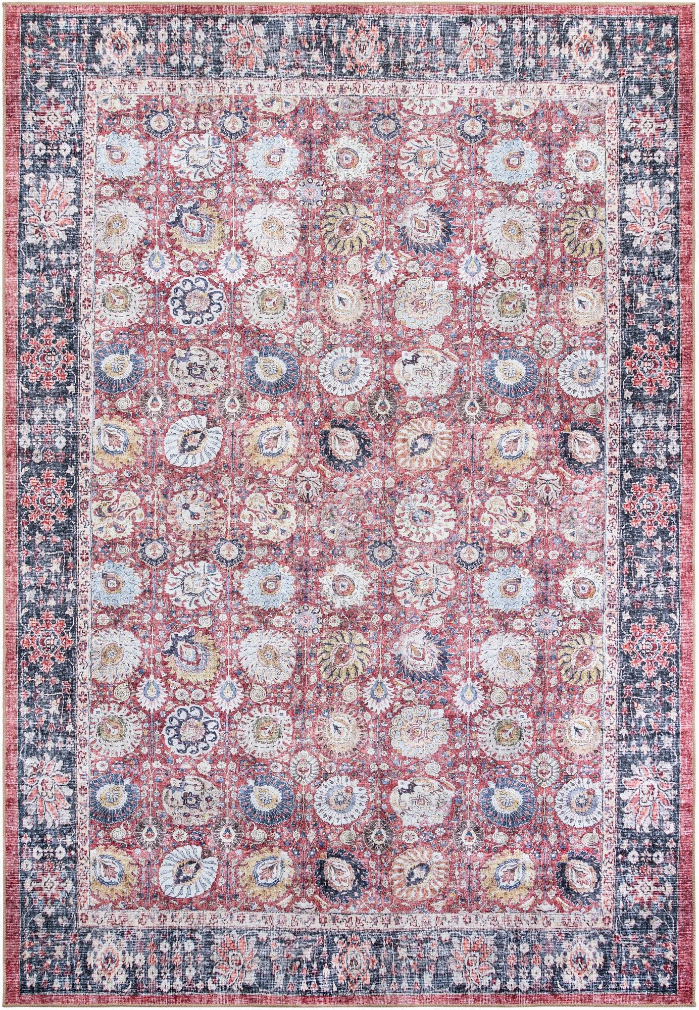 An 8x12 rectangular Timeless Collection rug featuring a vintage red field with traditional floral medallions and a dark blue border.