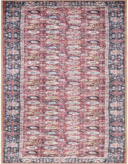 A 12 ft runner rug in vintage red with a traditional floral pattern and a dark border, ideal for a hallway.