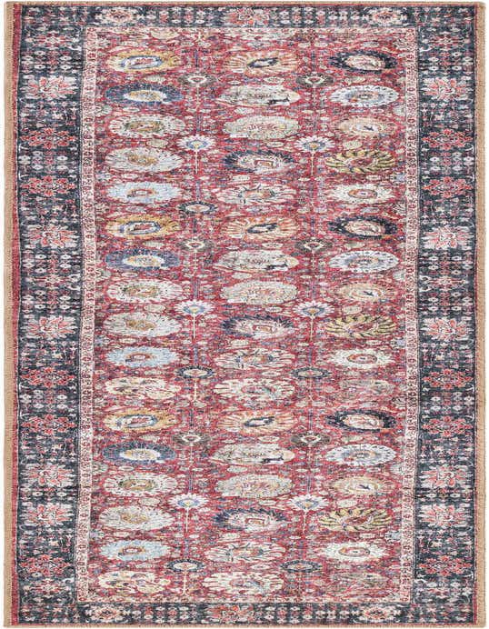 A vintage red runner rug with a distressed floral and medallion pattern, featuring a dark border, perfect for a hallway.