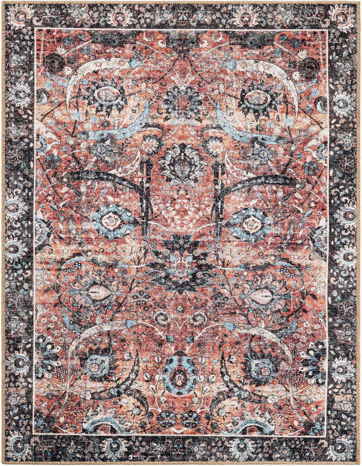 A 3x5 rectangular red area rug with a distressed black and light blue trellis pattern, suitable for indoor spaces.