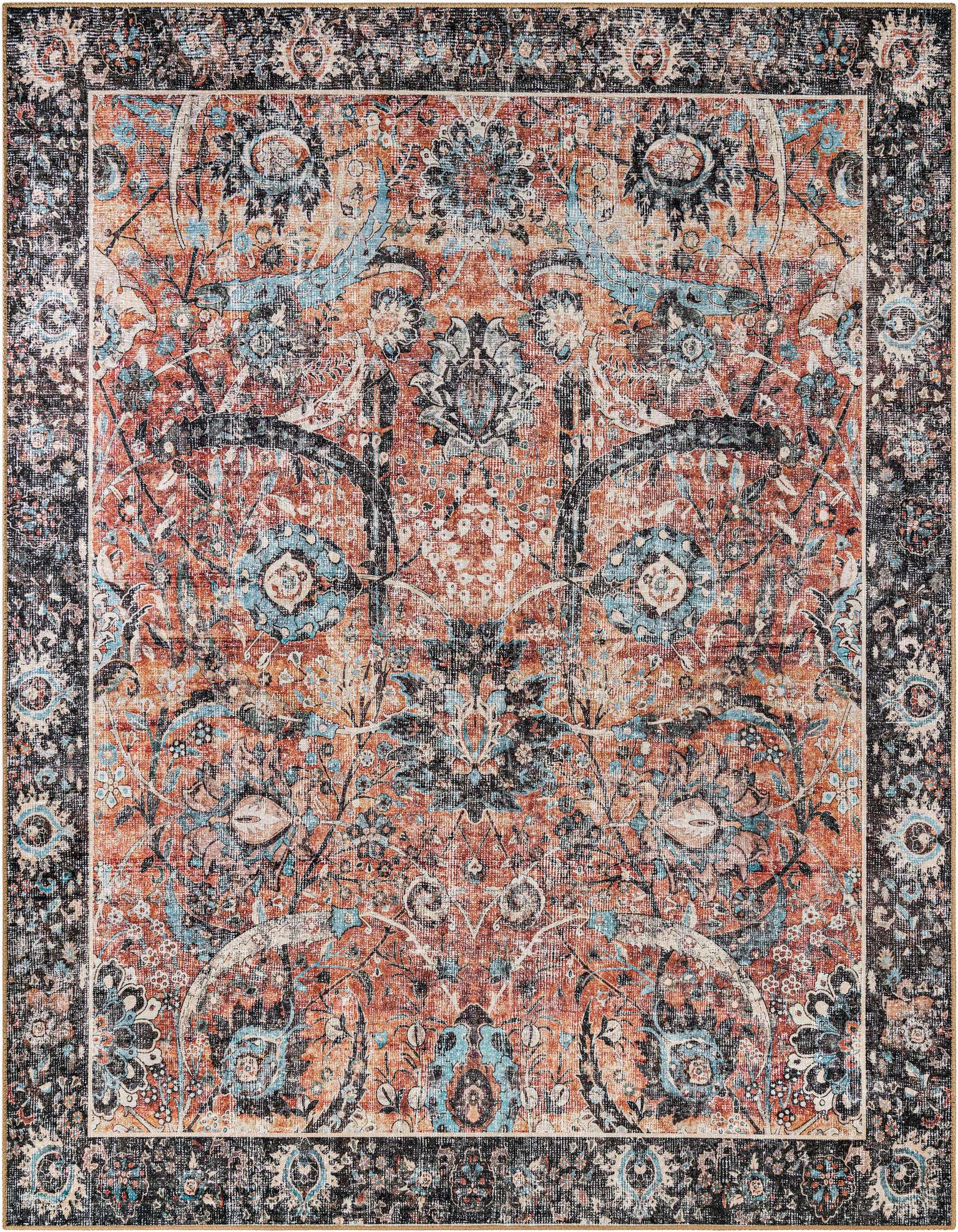 8x10 rectangular red traditional rug with intricate floral and medallion patterns in black, blue, and cream, featuring a distressed look.