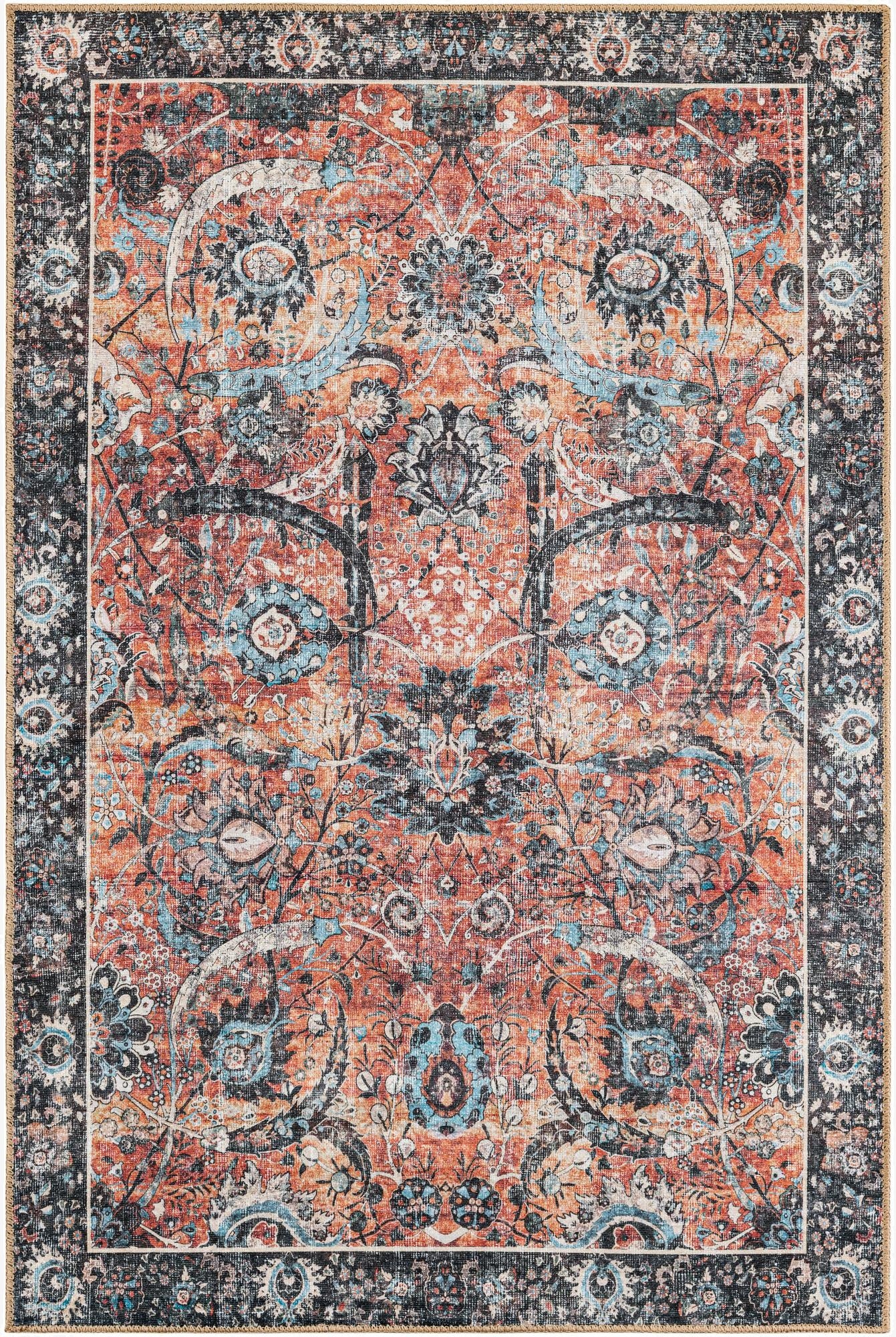 A 4x6 rectangular red traditional rug with an intricate distressed floral pattern in black and light blue, featuring a dark border.