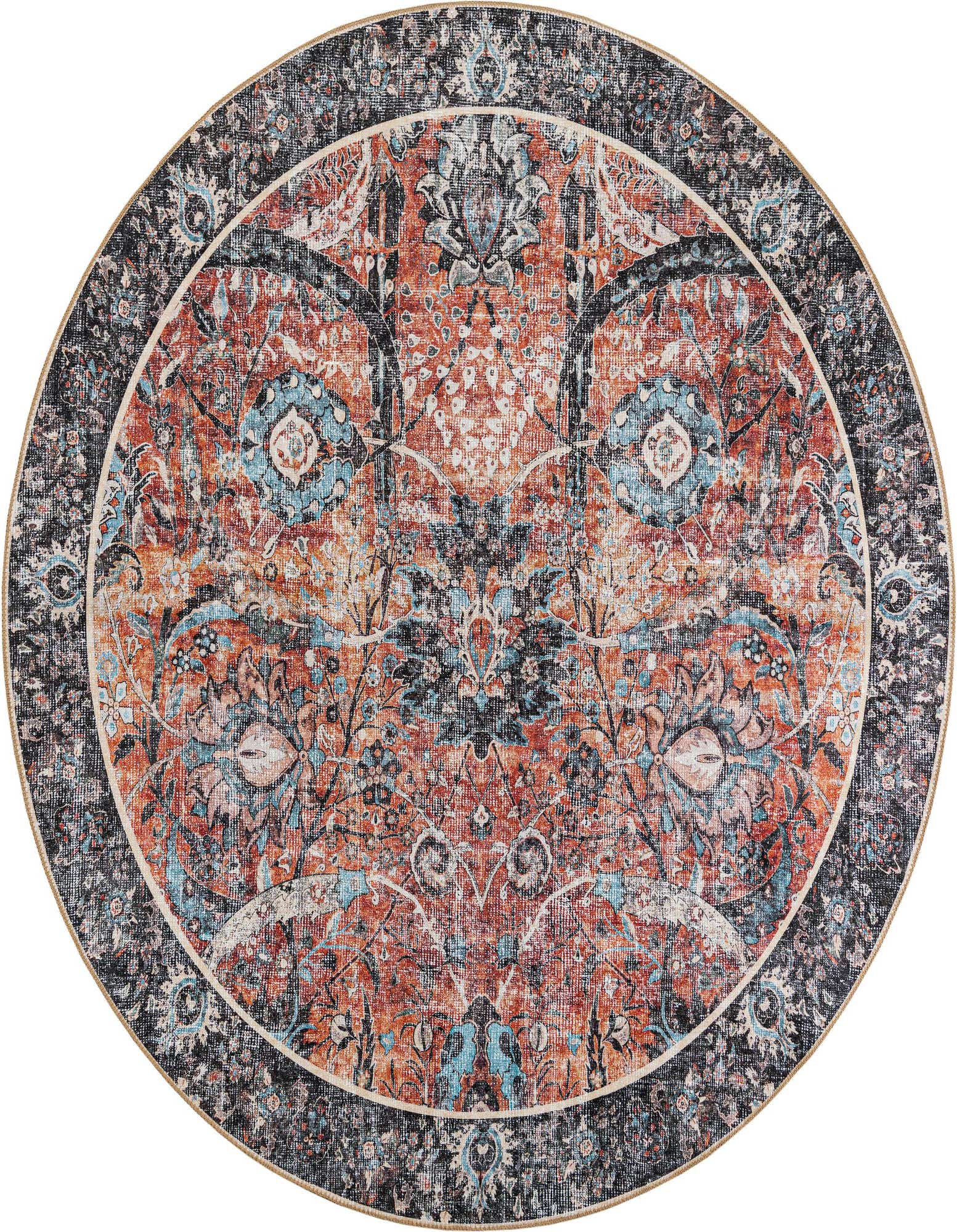 A round 7' 10 x 7' 10 Timeless Collection rug with a distressed red medallion pattern and dark border.