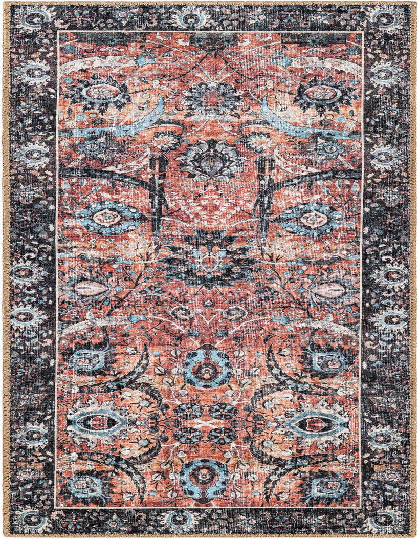 A 5 ft runner rug with a distressed traditional pattern in shades of red, black, and light blue, ideal for a hallway.